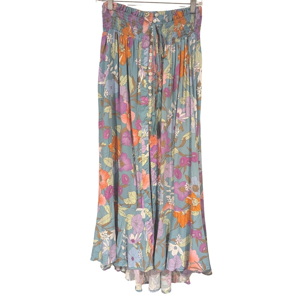 Rachel Rachel Roy Maxi Skirt Large Teal Floral Boho Smocked Tassel Button Front